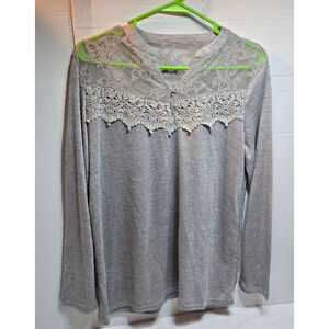 Women's Faded Glory Gray Long Sleeve Tee with Lace Detail, Size L